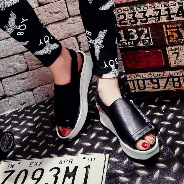 2015夏季新款凉鞋鱼嘴高跟鞋厚底防水台休闲镂空女鞋拉链装饰松糕