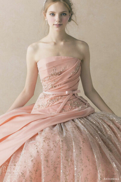 anteprima wedding dress coral pink orange strapless ball gown ruched bodice gold thread beading embroidery ant 59婚纱 礼服 裙子 时尚