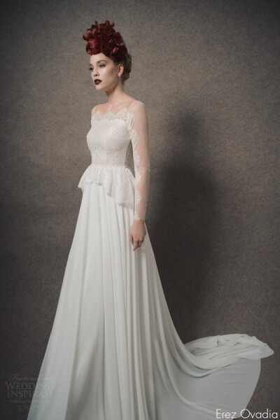 erez ovadia bridal 2015 blossom abigail peplum wedding dress illusion long sleeves婚纱 礼服 裙子 时尚