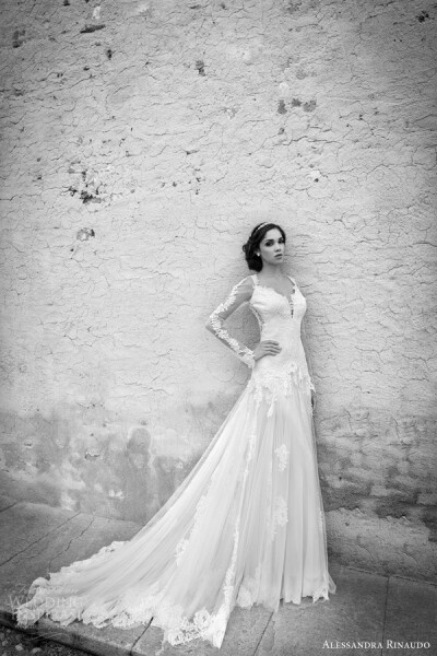 alessandra rinaudo bridal 2015 sarah wedding dress illusion long sleeves婚纱 礼服 裙子 时尚 摄影 黑白