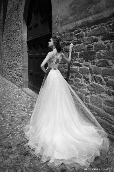 alessandra rinaudo bridal 2015 stella cap sleeve wedding dress illusion cap sleeve bodice full a line or ball gown silhouette back view train婚纱 礼服 裙子 时尚 摄影 黑白