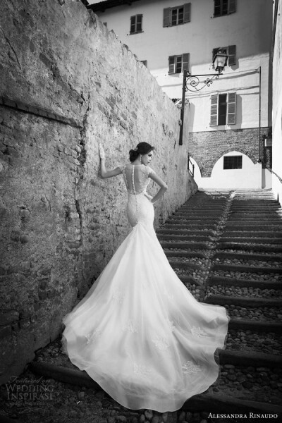 alessandra rinaudo bridal 2015 sharlene cap sleeve wedding dress mermaid fit flare illusion back婚纱 礼服 裙子 时尚 摄影 黑白