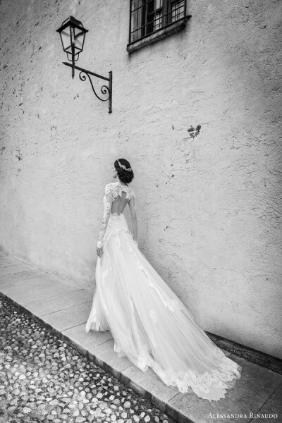 alessandra rinaudo bridal 2015 sarah wedding dress illusion long sleeves back view train婚纱 礼服 裙子 时尚 摄影 黑白