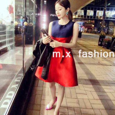 甜美瑞丽 时尚撞色拼接无袖蓬蓬连衣裙 mx fashion 新款