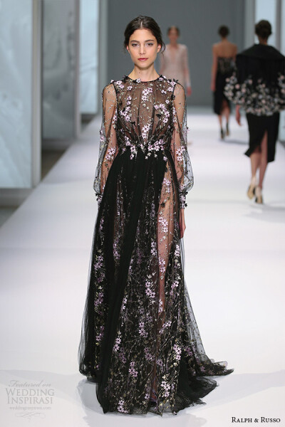 ralph and russo spring 2015 couture collection illusion sleeves jewel neckline floral embroidery black a line dress婚纱 礼服 裙子 时尚 摄影