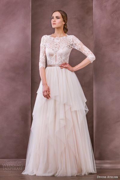 divine atelier wedding dress 2015 bridal three quarter 3 4 sleeves lace boat neckline tiered layered tulle gown sophia婚纱 礼服 裙子 时尚 摄影