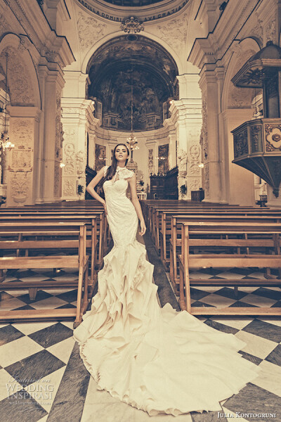 julia kontogruni bridal 2015 wedding dress jewel lace neckline with bustier bodice mermaid gown chapel train婚纱 礼服 裙子 时尚 摄影
