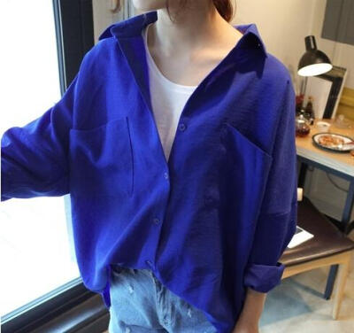 韩版春季蓝色长袖衬衫宽松休闲打底衫韩国Cherrykoko女装