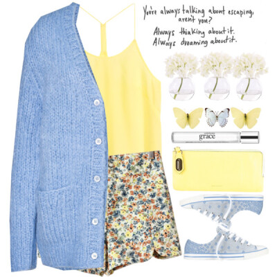 A fashion look from April 2015 featuring blue cashmere cardigan, polyester shirt and print shorts. Browse and shop related looks.