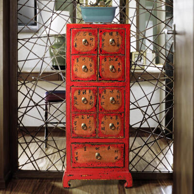 摆设 新中式家具仿古做旧家具中式1屉4门药柜实木玄关柜