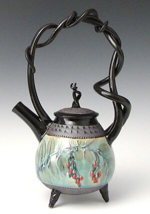 Basket Handled Teapot with Red Berries: Suzanne Crane: Ceramic Teapot - Artful Home