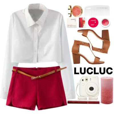 Blouse, shorts and sandals from www.lucluc.com : blouse: http://www.lucluc.com/tops/lucluc-white-band-collar-long-sleeve-blouses.html shorts: http://www.lucluc.com/bottoms/lucluc-red-tailored-shorts-w…