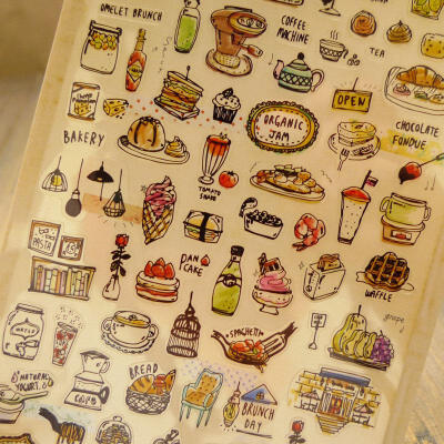 韩产 手绘钢笔淡彩 食物 手账日pvc透明贴纸