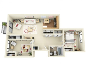 In this visualization, you'll see that a spacious two bedroom can be turned into a paradise for the single or a couple looking for a balance between work and living space. The master bedroom here is turned into a large office yet remains just private enough to not disturb the rest of the apartment,