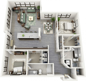 This two bedroom luxury suite is more than just an apartment: it's an urban oasis. Plenty of space for an ample wardrobe, a work area, a huge kitchen and dining area, two bedrooms, two bathrooms, and breathtakingly large windows for incredible natural light.