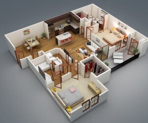 A two bedroom with a bit of privacy? Yes, it is indeed possible! The placement of the two bedrooms in this apartment plan ensures that you and your guests feel comfortable in your own spaces. Each bedroom offers ample closet space and adjoining bathrooms, with the shared common areas of the kitchen,