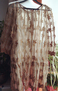 美国FP风格原单刺绣纱网罩衫波西米亚刺绣see through衬衫罩衫