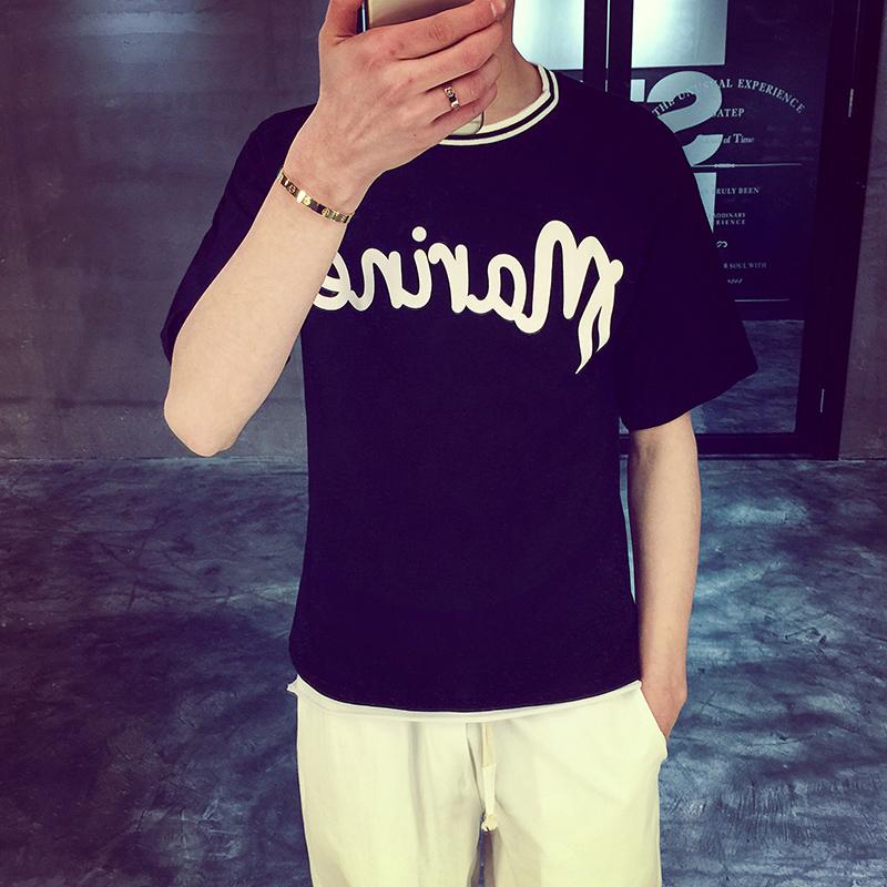 2015夏装 欧美复古字母印花短袖t恤潮牌男士韩版修身短袖T恤