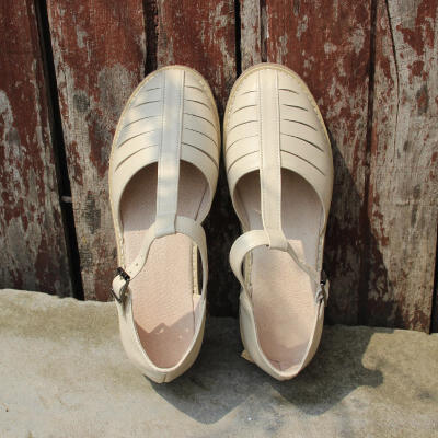 15年夏季罗马风格真皮凉鞋女米白色搭扣平跟单鞋防滑简单方便