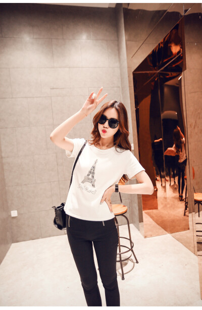 短袖女t恤夏大码修身2015新款女装欧美艾菲尔铁塔t桖镶钻长袖体恤