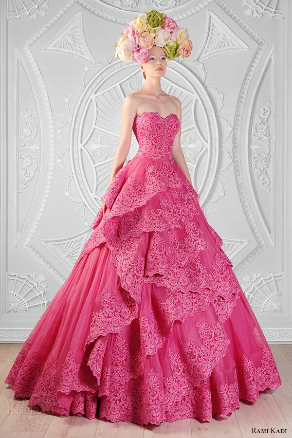 rami kadi couture spring 2014 collection strapless sweetheart neckline lace and tulle pink ball gown婚紗 禮服 裙子 時(shí)尚 攝影