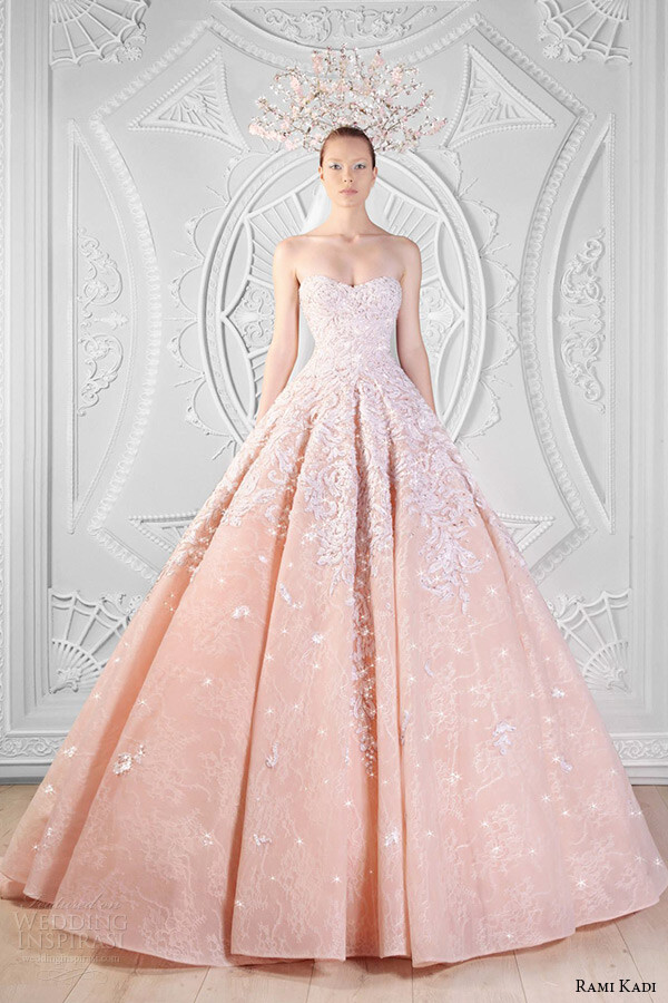 rami kadi spring 2014 couture collection hand embroidered sweetheart neckline strapless peach lace tulle ball gown婚纱 礼服 裙子 时尚 摄影