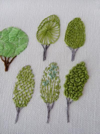 ♒ Enchanting Embroidery ♒ embroidered trees using different stitches for each example | Along Stitch Lines