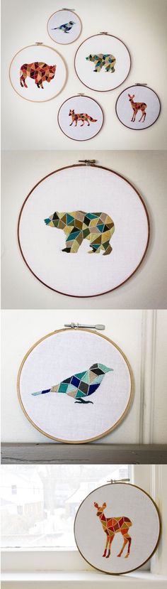 How beautiful are these geometric mosaic-style animal embroidery hoop designs!