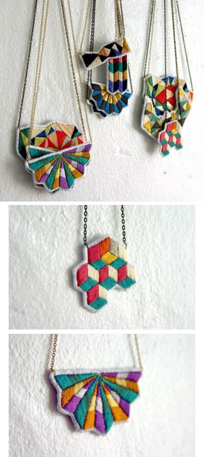 QUILT PATTERN NECKLACES - embroidered necklaces by Spinthread http://www.etsy.com/shop/spinthread