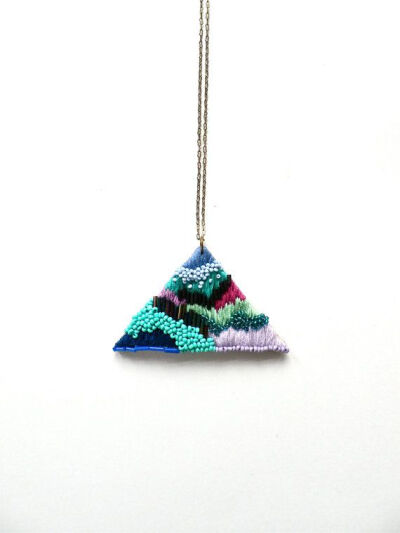 Hand embroidered Triangle Necklace / Purple, Violet, Turquoise, Mint, Blue &amp;amp; Green / Embroidered Geometric Pendant Statement Necklace