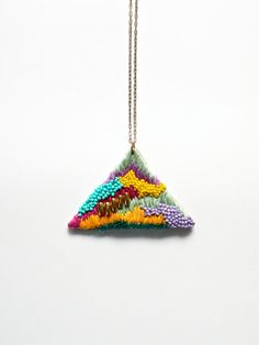 Hand embroidered Triangle Necklace / Mint, Purple, Fuchsia, Mustard &amp;amp;Turquoise / Embroidered Geometric Pendant Statement Necklace