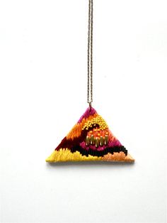 Hand embroidered Triangle Necklace / Black, Fuchsia, Salmon, Orange, Burgundy, Yellow / Embroidered Geometric Pendant Statement Necklace