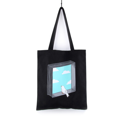 【MOMO独立设计品牌】天空 自由小鸟印花帆布袋布包 黑色单肩包