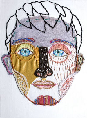 Entirely sewn portrait, using different materials and textures to build the faces – more appropriate for magazine than newspaper dinkus?