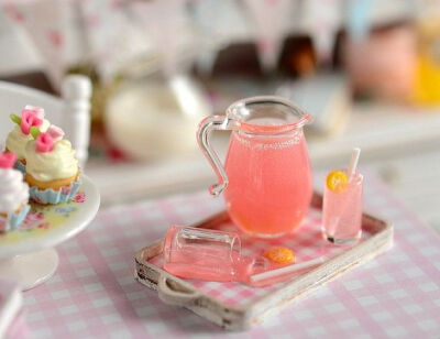 Miniature Pink Lemonade Tray with Spilled Glass by CuteinMiniature