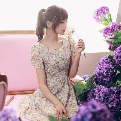 夏季2015韩版修身显瘦雪纺裙甜美小清新短袖打底碎花连衣裙女