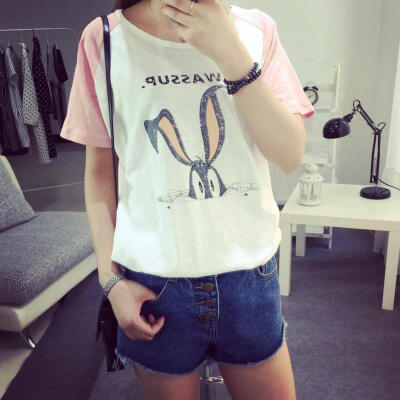 韩国15夏款韩版可爱兔八哥字母印花插肩袖T恤短袖女