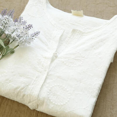2015春夏甜美清新刺绣圆领纯棉长袖衬衫女宽松中长款白色上衣