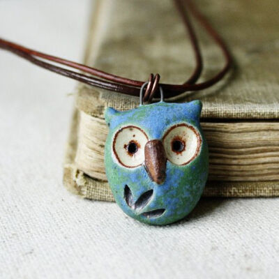 hoot owl- simple handmade ceramic necklace- blue earth