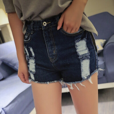 轩轩studio-2015夏装新款韩版显瘦直筒做旧破洞牛仔短裤女热裤