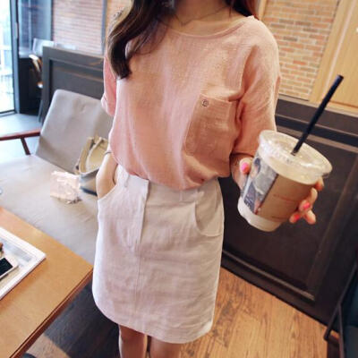 2015春夏韩国短裙套装清新休闲粉色棉麻短袖+松紧腰白色半身短裙