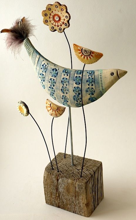 bird + flowers - paper mache + wire