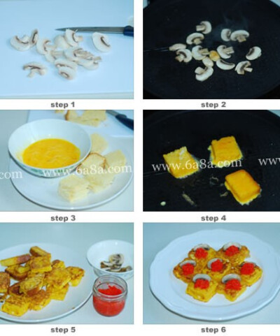 鱼籽鸡蛋吐司的主料：吐司2片 鱼籽鸡蛋吐司的辅料：鸡蛋2个、鱼籽适量、蘑菇2个 鱼籽鸡蛋吐司的做法： 1、蘑菇洗净切片； 2、锅中放橄榄油煎熟备用（我用的是电饼铛）； 3、面包片切成小方型，鸡蛋打散放少许盐调味…