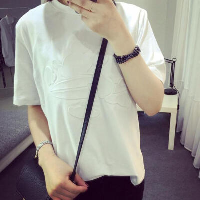 韩国韩版2015春夏立体米奇印花圆领短袖T恤黑白女