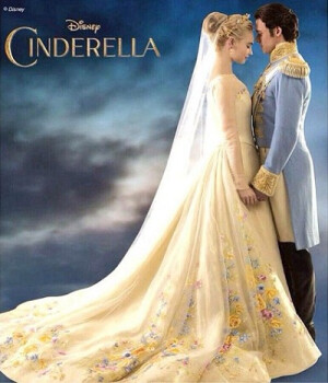 2015灰姑娘迪斯尼主题Cinderella movie浅黄色印花婚纱裙