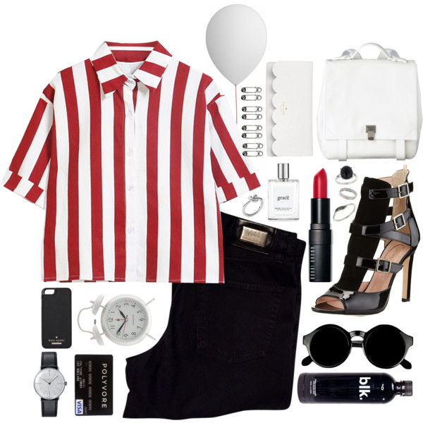 A fashion look from April 2015 featuring red tee, dark wash jeans and black patent shoes. Browse and shop related looks.