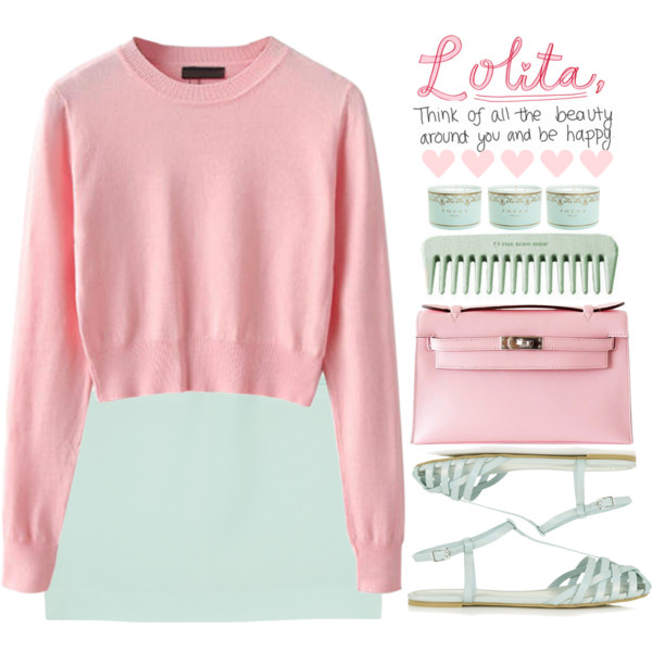 A fashion look from April 2015 featuring long sleeve knit sweater, green mini skirt and mint sandals. Browse and shop related looks.