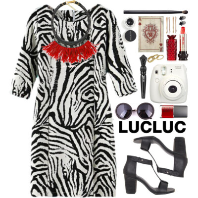 Dress, sandals and sunglasses from www.lucluc.com: printed dress: http://www.lucluc.com/dresses/shift-dresses/lucluc-zebra-printed-scoop-short-dress.html sandals: http://www.lucluc.com/accessories/sh…