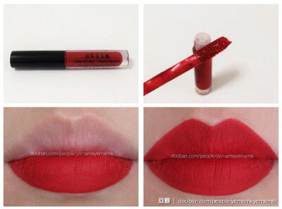 Stila Stay All Day Liquid Lipstick - Beso. 干后超雾面。正红偏暗。缺点就是干得很快，如果边缘没有涂匀要修改比较困难，而且因为一干就几乎不会蹭掉，所以比较难卸。