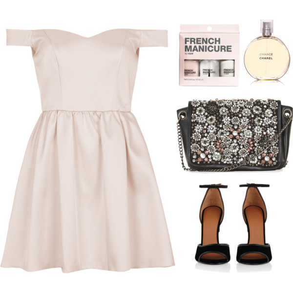 A fashion look from December 2014 featuring pink cocktail dress, leather heel sandals and black crossbody purse. Browse and shop related looks.